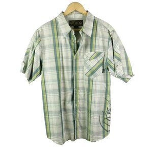 Prana Shirt Mens Size Large Organic Cotton Button Front Short Sleeve Plaid Y2K